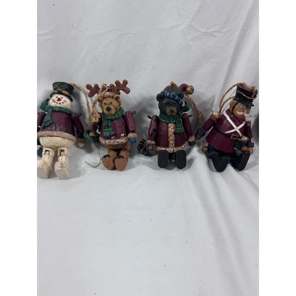 Set of 8 Rustic Faux Wood Resin Christmas Ornaments Articulated Hanging Figures